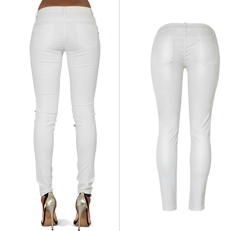 White Moto PU Leather Zippers, Low Waist Pants