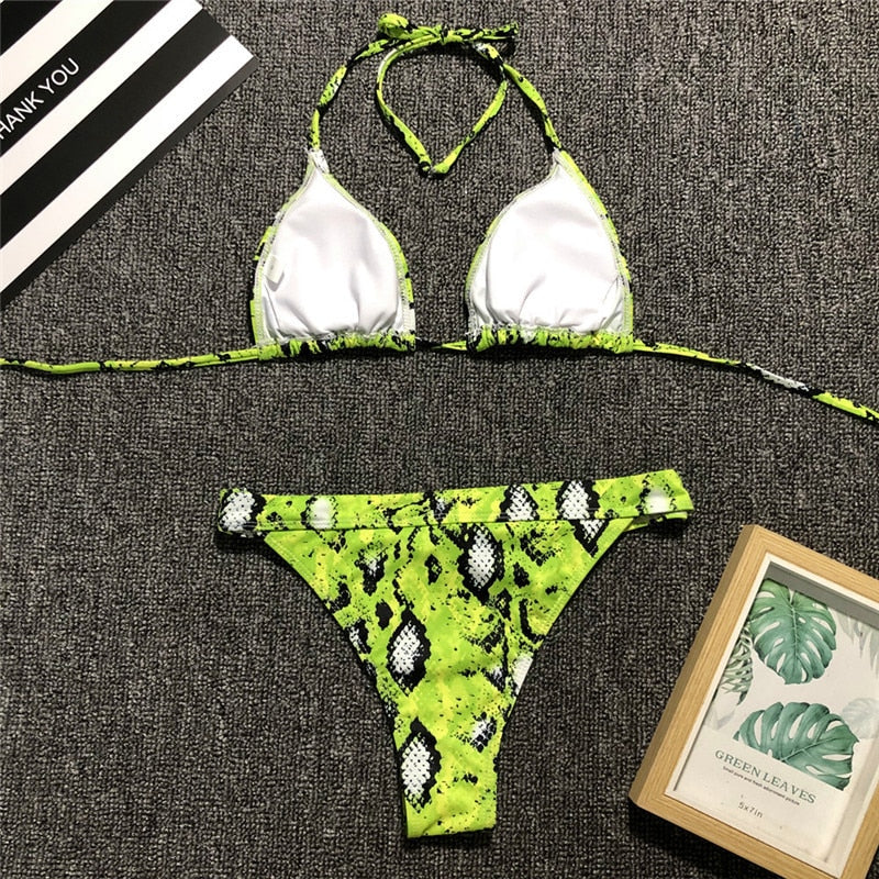 Neon Snake Print Halter Top Brazilian Bikini Set