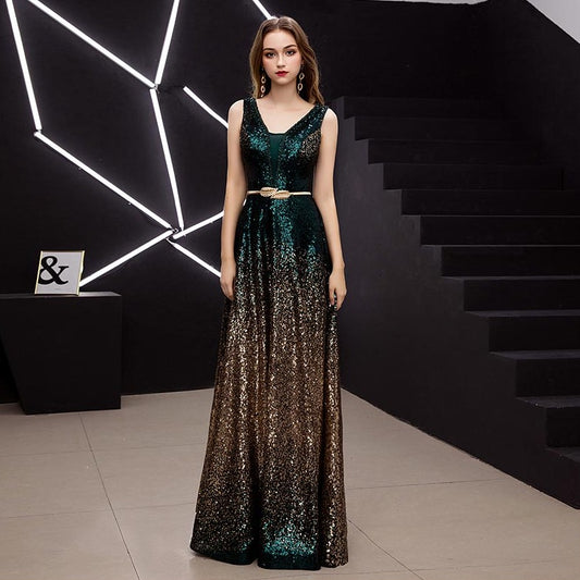 Sequin Multicolor V-neck Evening Dresses