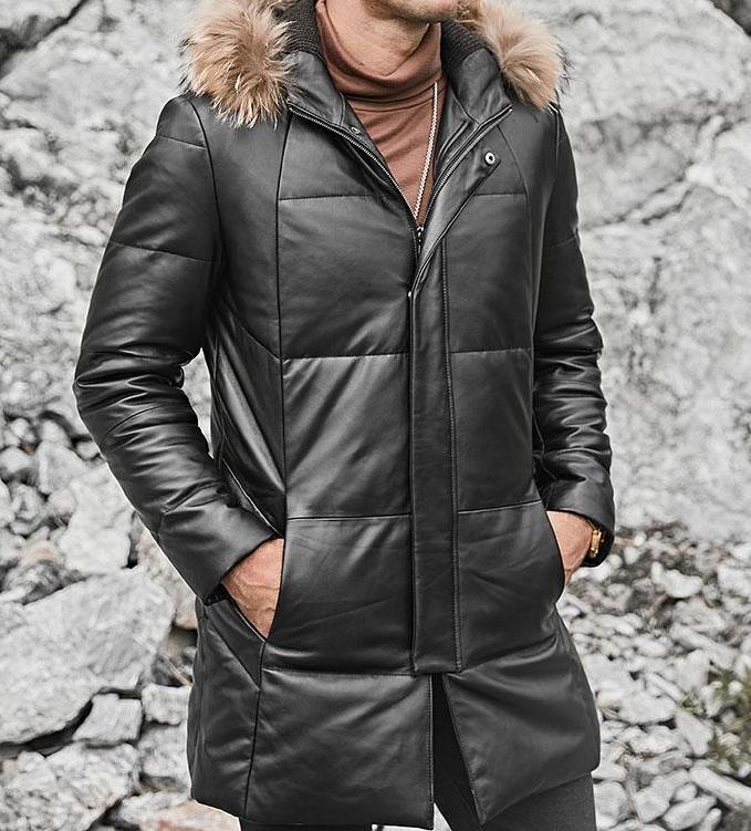 Genuine Leather Long Down Coat Real Fur Parka