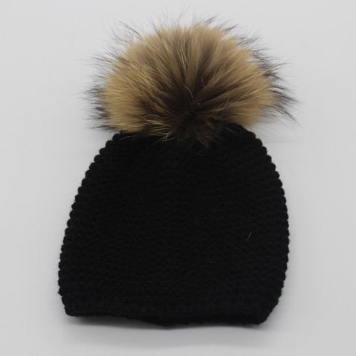 Baby Real Fur Pompom Beanies