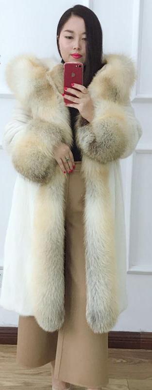 Real Mink Fur X-Long Coat With Fox Fur Collar And Cuffs