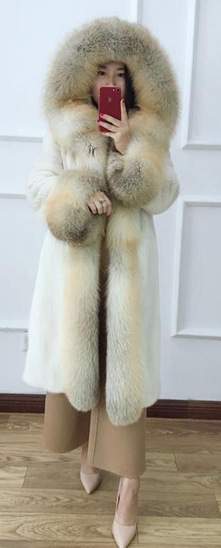 Real Mink Fur X-Long Coat With Fox Fur Collar And Cuffs