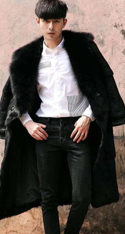 Black Long Natural Rex Rabbit Fur With Fox Fur Thick Collar