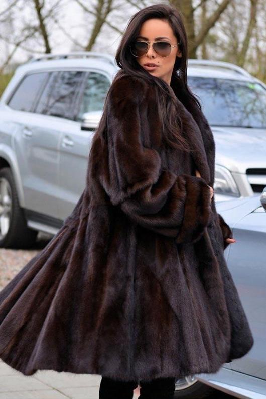 Dark Coffee Real Mink Fur Turn-down Collar Thick Cuff Coat