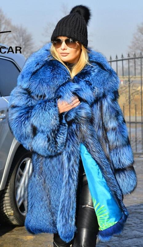 Real Silver Fox Fur Long Coat With Big Fur Hoodie