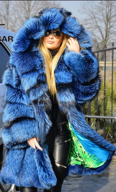 Real Silver Fox Fur Long Coat With Big Fur Hoodie