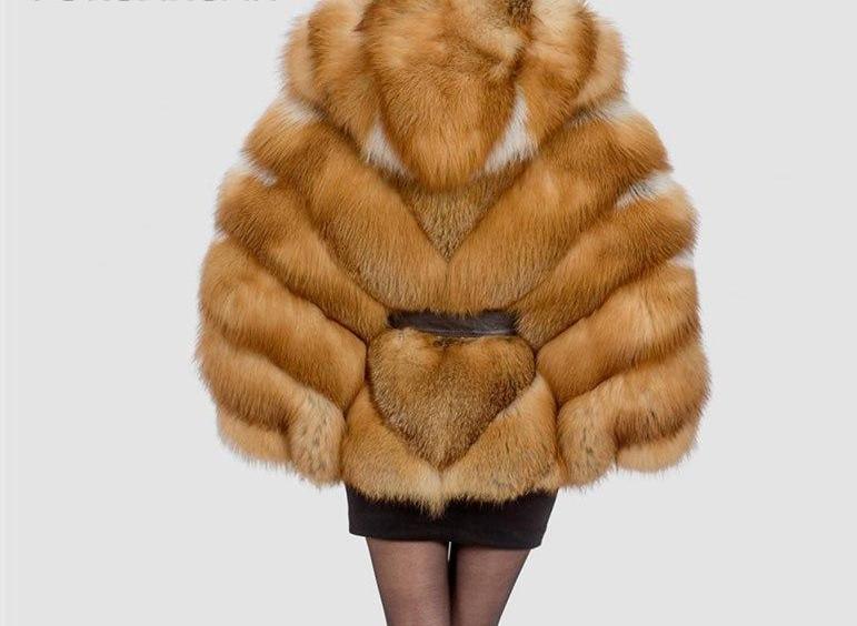 Real Gold Red Fox Fur Hooded Thick Warm Coat