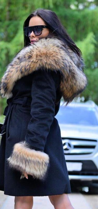 Thick Real Fur Collar Hood and Cuffs Black Long Coat