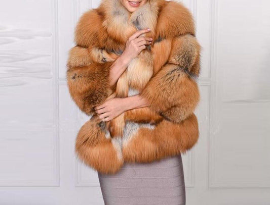 Real Gold Red Fox Fur With Mandarin Fur Collar Thick Warm Coat