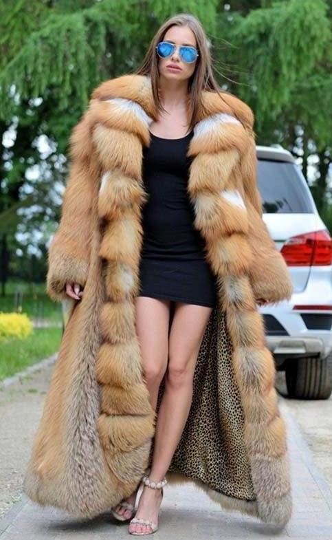 Luxury Real Gold Red Fox Fur With Big Turn-down Collar Thick Maxi Coat