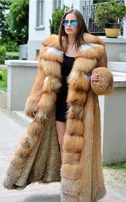 Luxury Real Gold Red Fox Fur With Big Turn-down Collar Thick Maxi Coat