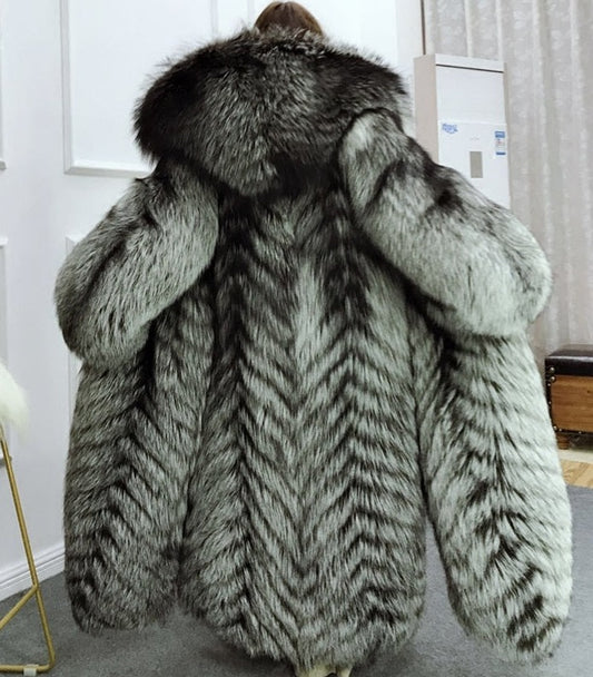 Genuine Silver Fox Hooded X-Long Coats