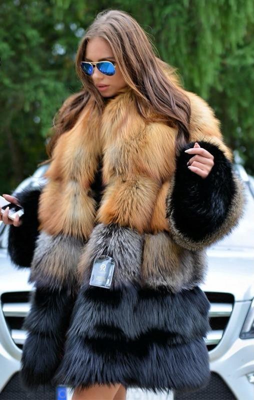 Thick Gold Grey Black Real Fox Fur Long Coat