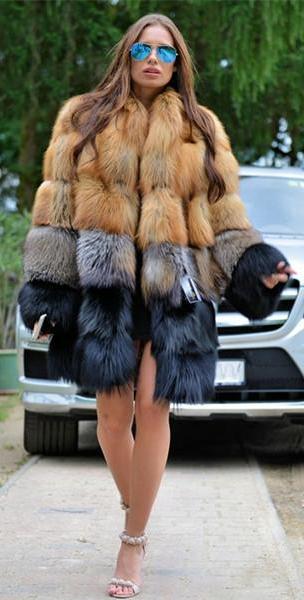 Thick Gold Grey Black Real Fox Fur Long Coat