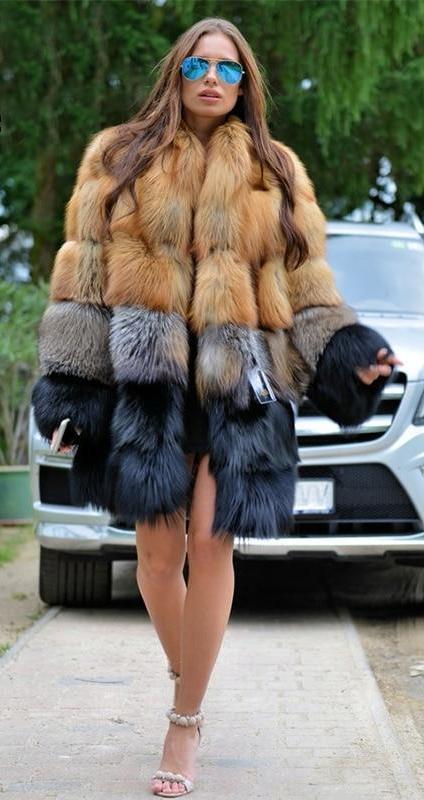 Thick Gold Grey Black Real Fox Fur Long Coat