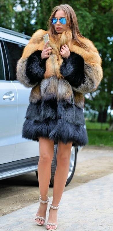 Thick Gold Grey Black Real Fox Fur Long Coat