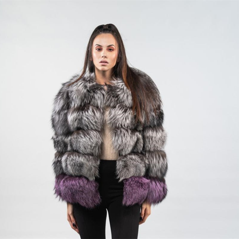 Luxury Silver + Purple Real Fox Fur Thick Coat