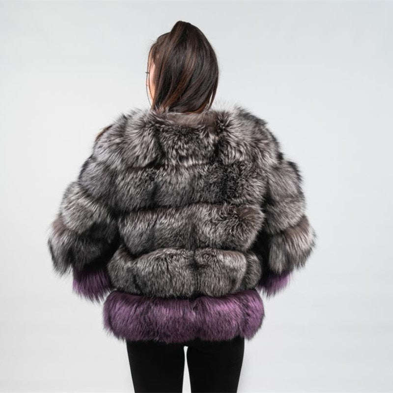 Luxury Silver + Purple Real Fox Fur Thick Coat