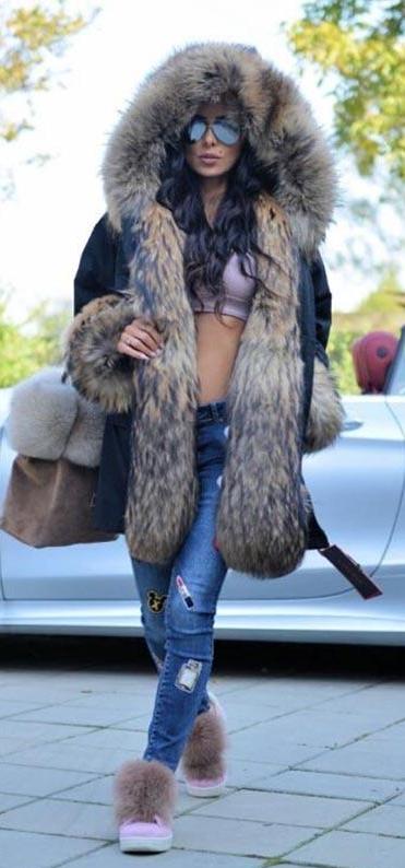 Black Full Pelt Real Fur Collar Parka Long Coat