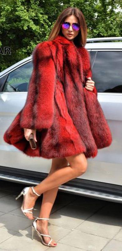 Lux Thick Red Real Fox Fur Long Flare Coat