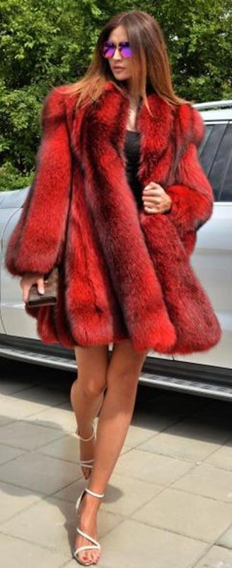 Lux Thick Red Real Fox Fur Long Flare Coat