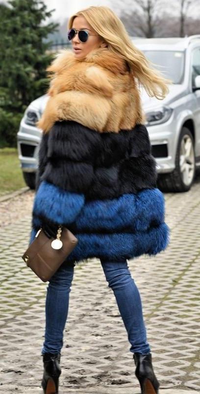 Thick Gold Black Blue Real Fox Fur Coat