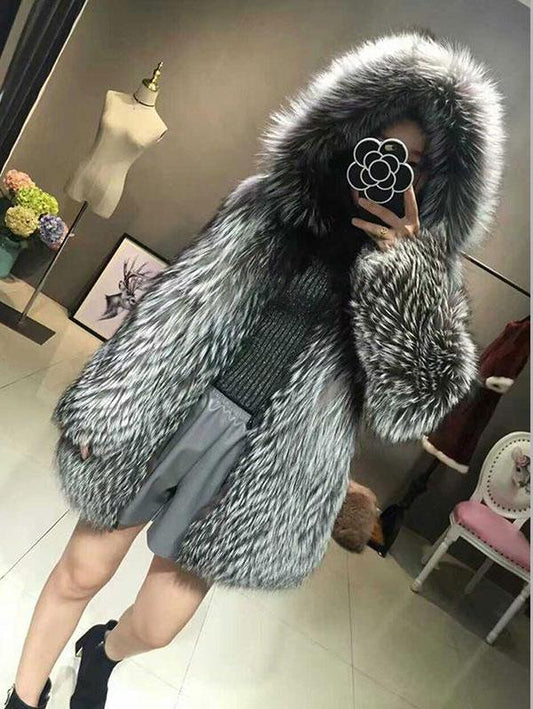 Real Silver Fox Fur Hooded Coat