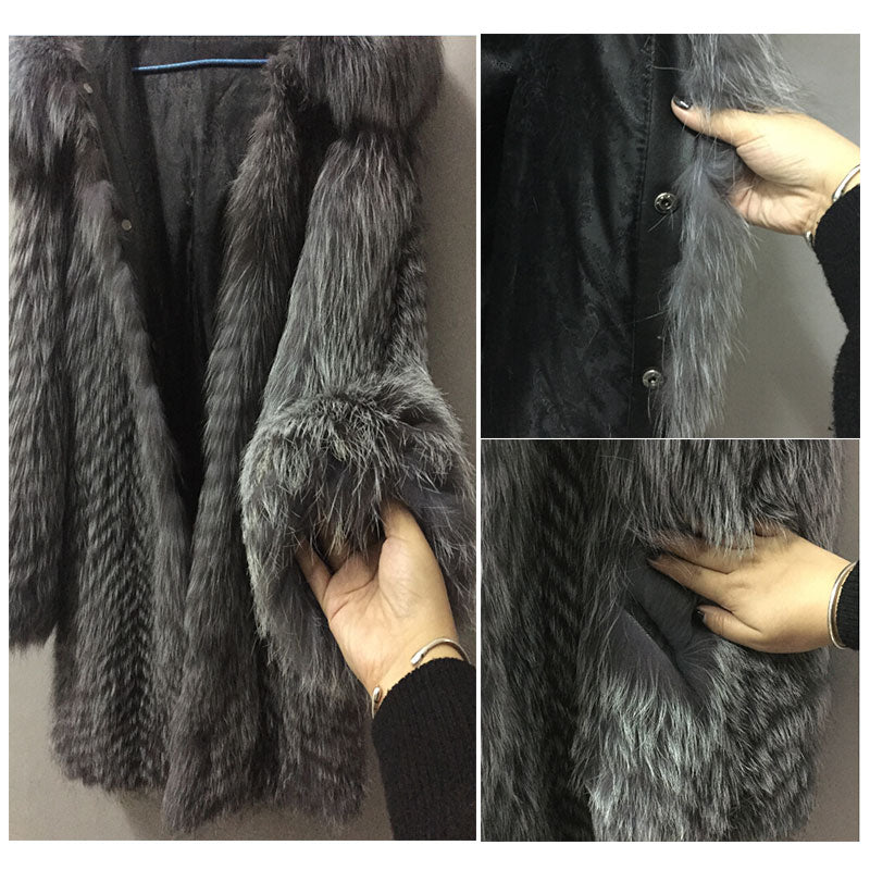 Real Silver Fox Fur Hooded Coat