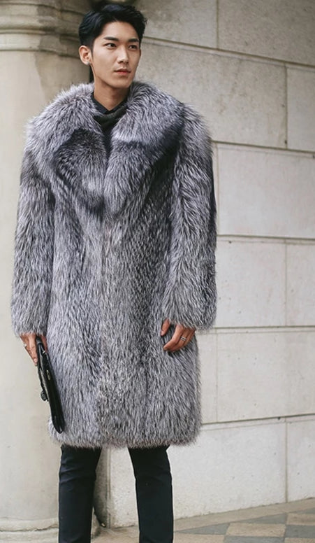 Real Natural Silver Fox Fur With Thick Fur Collar Long Overcoat