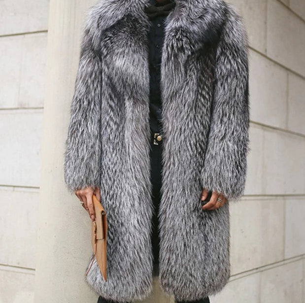 Real Natural Silver Fox Fur With Thick Fur Collar Long Overcoat