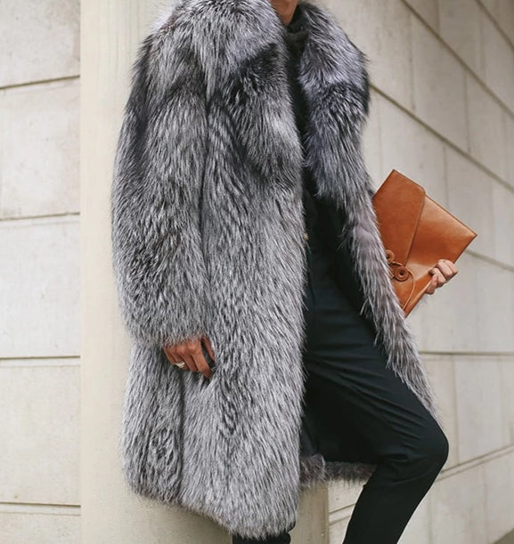 Real Natural Silver Fox Fur With Thick Fur Collar Long Overcoat