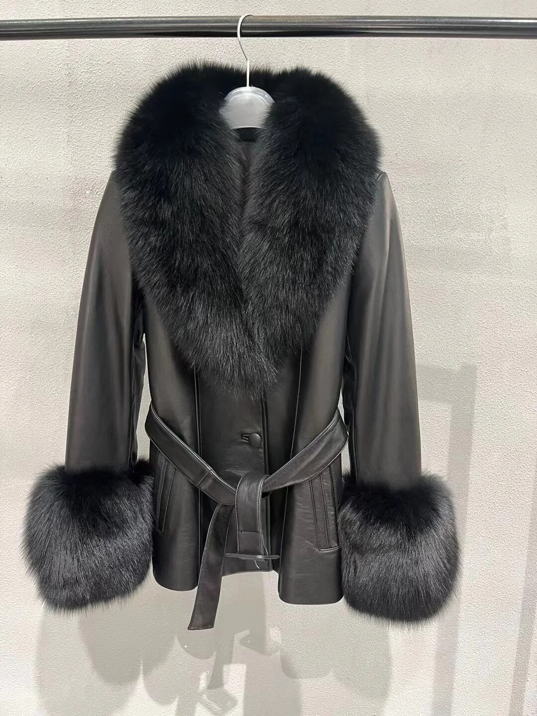 Genuine Leather Blazer Real Fur Collar and Cuffs