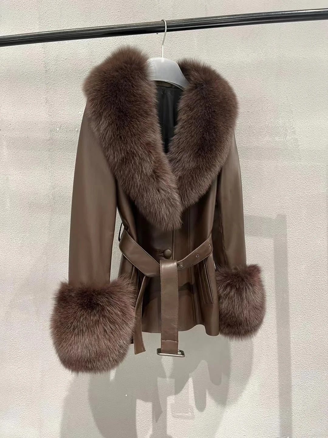 Genuine Leather Blazer Real Fur Collar and Cuffs