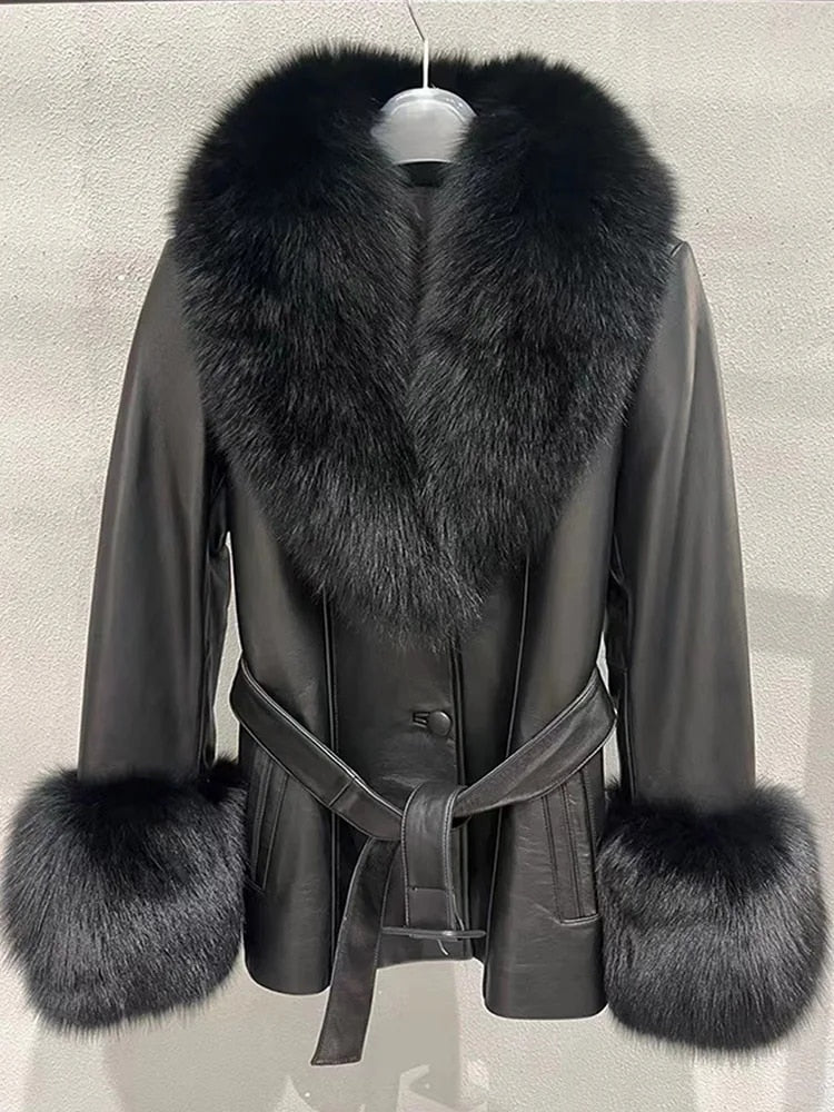 Genuine Leather Blazer Real Fur Collar and Cuffs