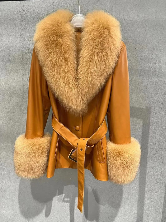 Genuine Leather Blazer Real Fur Collar and Cuffs