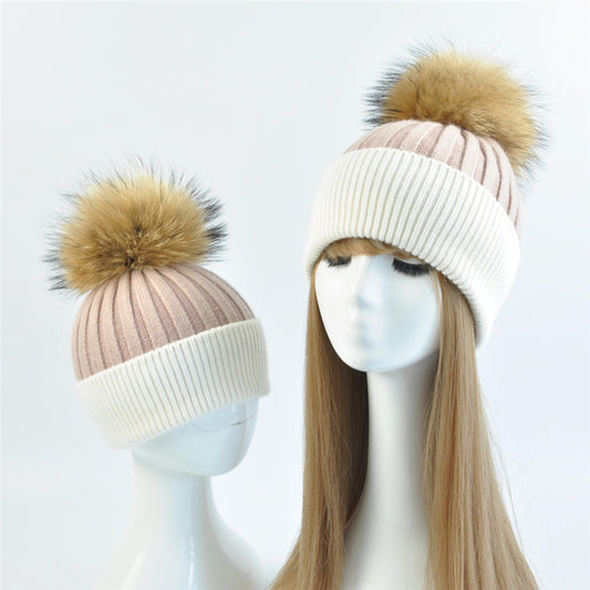 Matching Baby and Parent Real Fur Pompom Knitted Beanies