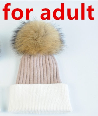 Matching Baby and Parent Real Fur Pompom Knitted Beanies