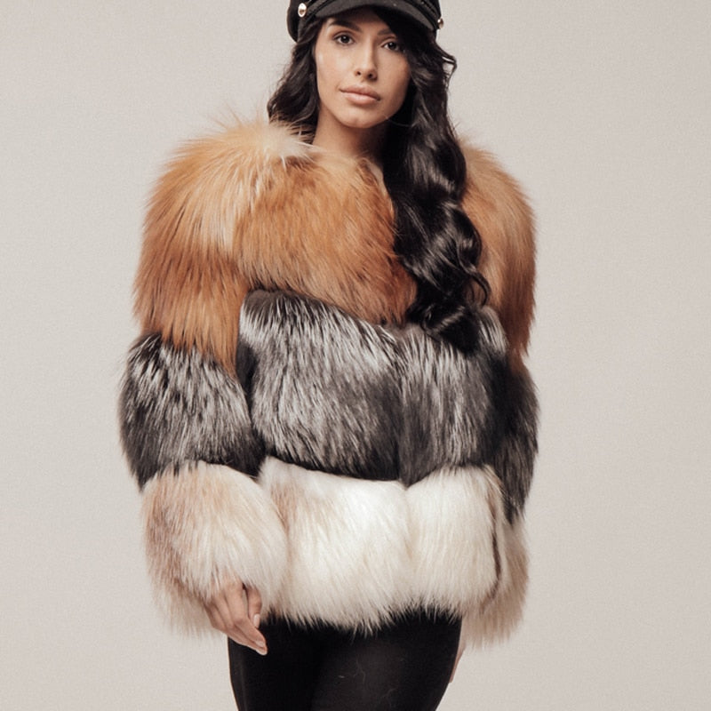 Real Red Fox Fur Full Pelt Patchwork Short Coats