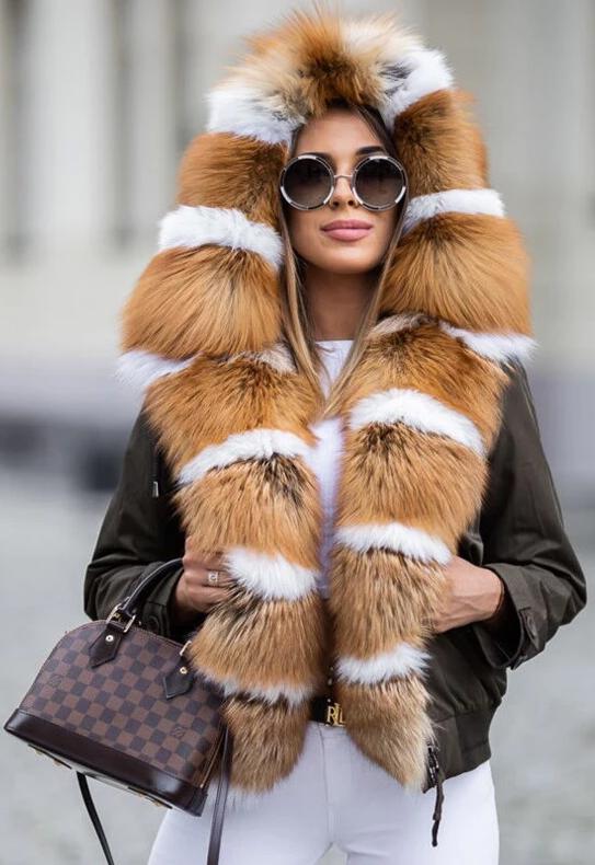 Real Red Fox Fur Parkas Short Waterproof Coat