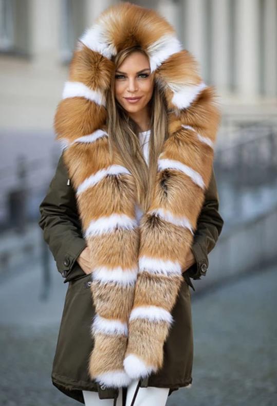Real Red Fox Fur Parkas Long Waterproof Coat