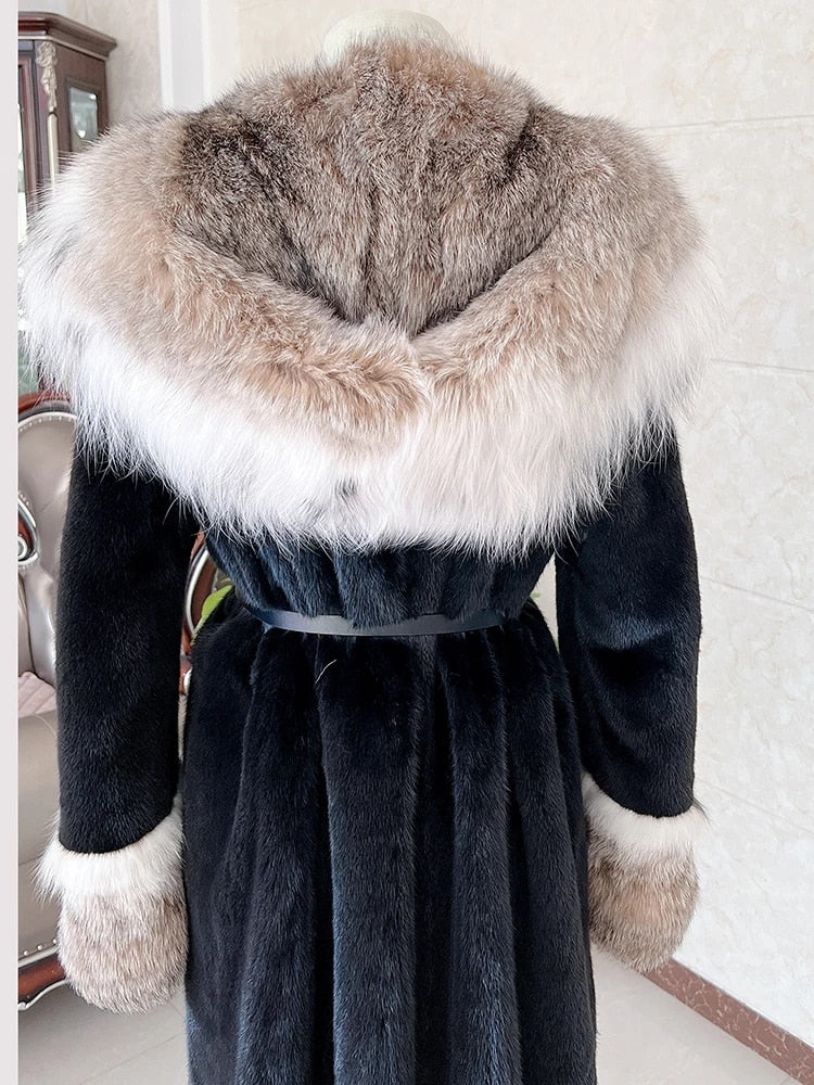 Luxury Lynx Collar Real Mink Fur Coats X-Long