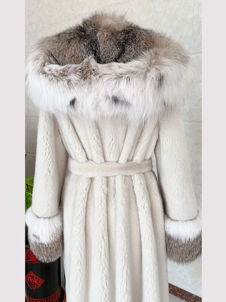 Luxury Lynx Collar Real Mink Fur Coats X-Long