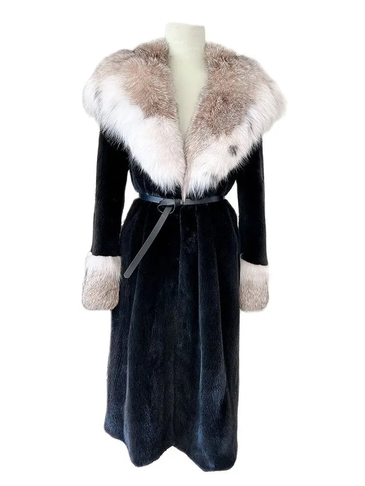 Luxury Lynx Collar Real Mink Fur Coats X-Long