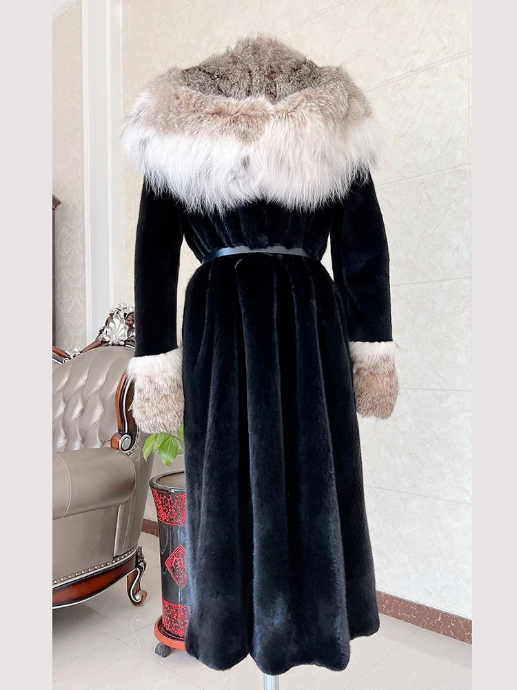 Luxury Lynx Collar Real Mink Fur Coats X-Long