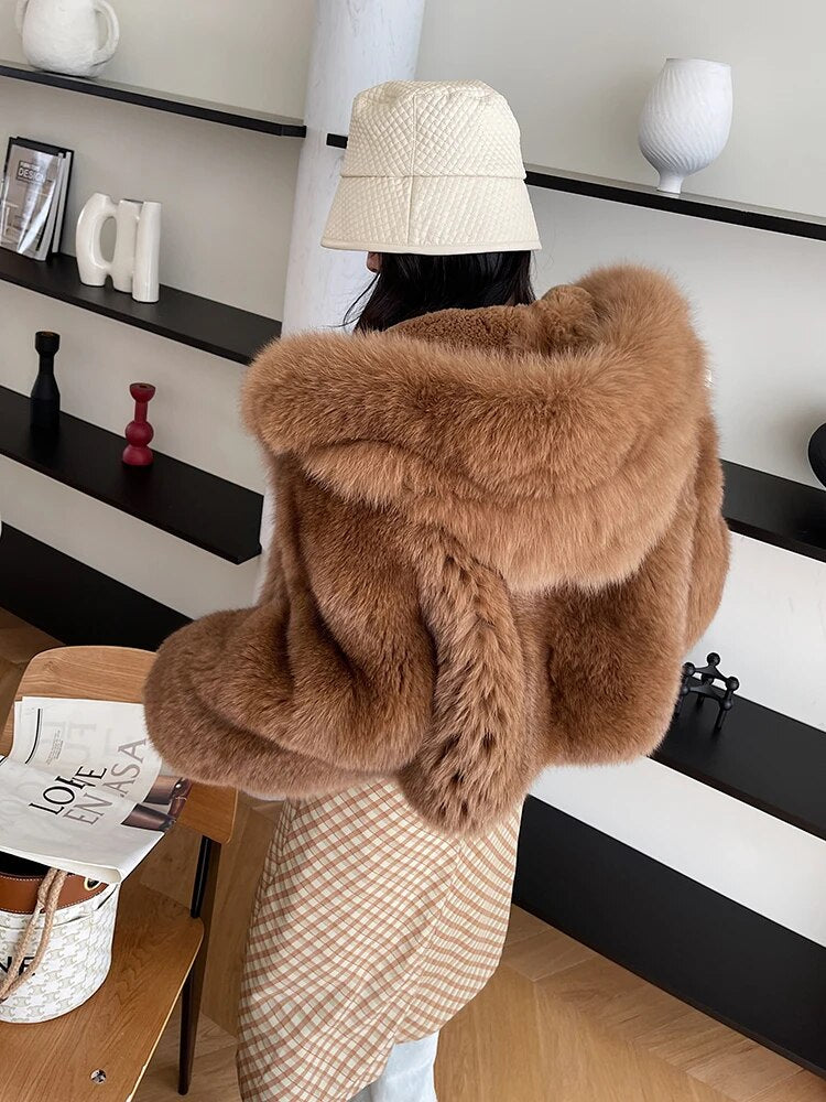 Luxury Natural Hooded Real Fox Fur Coats