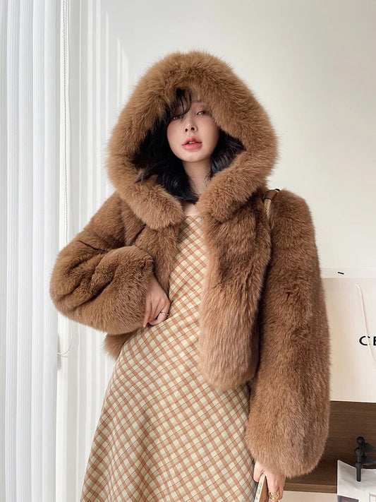 Luxury Natural Hooded Real Fox Fur Coats