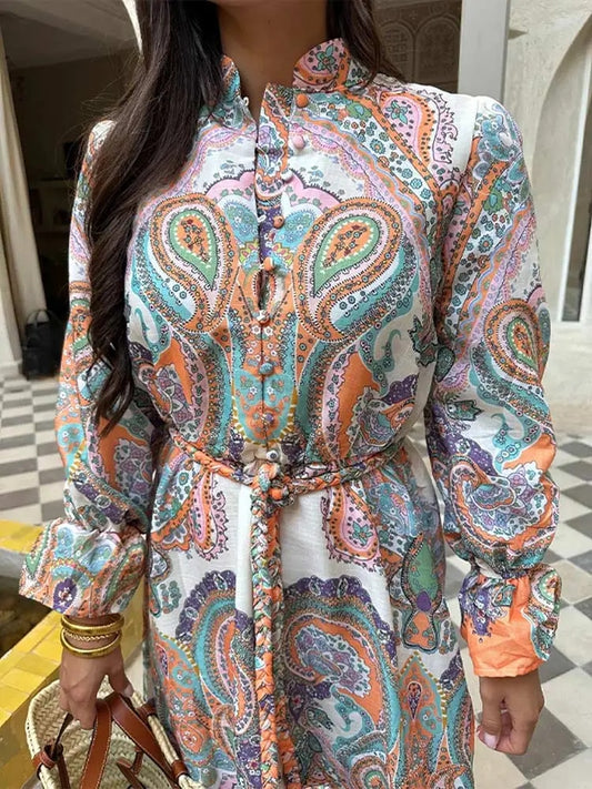 Printed Lace Up Long Sleeve Maxi Dresses