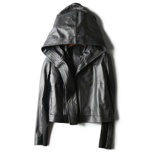 GENUINE LEATHER Big Hood Crop Jacket