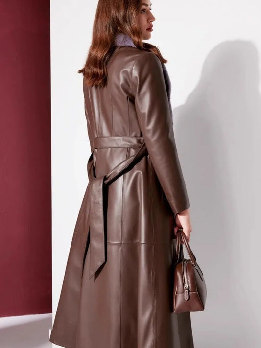 Long Genuine Leather Down Coat Real Fur Collar